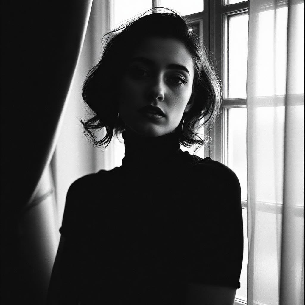 Black and white portrait, woman in window light